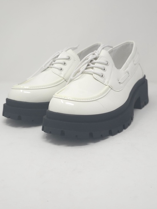 Forever Link Shoes - White Patent Chunky Lug Sole Lace-Up Loafers Faux Leather